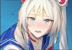 1girl an-94_(girls&#039;_frontline) aqua_eyes bishoujo_senshi_sailor_moon blonde_hair blue_sailor_collar choker crescent girls&#039;_frontline heart heart_choker jhcrow3 lower_teeth_only meme red_choker sailor_collar sailor_moon_redraw_challenge_(meme) solo teeth upper_body