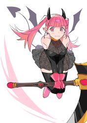 Rule 34 | 1girl, alternate costume, bare shoulders, black dress, black thighhighs, black wings, blush, breasts, commentary, demon girl, demon horns, demon tail, demon wings, detached sleeves, dress, fire emblem, fire emblem: three houses, gloves, highres, hilda valentine goneril, holding, holding scythe, holding weapon, horns, looking at viewer, medium breasts, mkpj32, nintendo, pink gloves, pointy ears, scythe, see-through clothes, see-through skirt, skirt, smile, solo, symbol-only commentary, tail, thighhighs, weapon, white background, wings