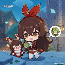 2girls absurdres amber_(genshin_impact) baron_bunny_(genshin_impact) belt belt_pouch boots box brown_belt brown_hair building chibi cloud collei_(genshin_impact) commentary copyright_name crossed_bangs dot_nose english_commentary genshin_impact gift gift_box gloves green_hair hair_between_eyes high_heel_boots high_heels highres holding holding_gift long_hair long_sleeves multiple_girls night night_sky official_art open_mouth orange_eyes paper pouch red_ribbon ribbon short_shorts shorts shrug_(clothing) sky smile spoken_character standing stone_floor thigh_boots tree very_long_hair vision_(genshin_impact) white_boots white_gloves