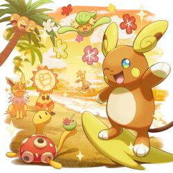 Rule 34 | alolan exeggutor, alolan form, alolan raichu, beach, comfey, drink, drinking straw, flower, gen 1 pokemon, gen 2 pokemon, gen 6 pokemon, gen 7 pokemon, gholdengo, gradient sky, heliolisk, jolteon, nintendo, open mouth, pink-tinted eyewear, pink flower, pokemon, pokemon (creature), red flower, sand, shuckle, sky, sparkle, standing on own tail, sunglasses, surfing, tinted eyewear, wataame4907, waves, white flower, yellow-framed eyewear, yellow flower, yellow sky