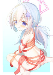 1girl absurdres blue_archive blush closed_mouth commentary flat_chest hair_ornament halo highres loli looking_at_viewer naked_ribbon pink_halo purple_eyes ratemaru red_ribbon reisa_(blue_archive) ribbon solo star_(symbol) star_hair_ornament star_halo twintails