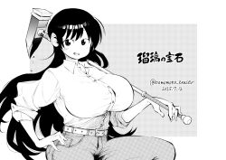 absurdres arato_nagi belt black_hair blush breasts collared_shirt commentary_request dated denim ear_piercing greyscale hammer hand_on_own_hip highres huge_breasts impossible_clothes impossible_shirt jeans long_hair looking_at_viewer monochrome nomomono_eraser open_mouth pants piercing ruri_no_houseki shirt sidelocks smile twitter_username