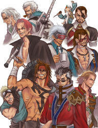 00s 1990s_(style) 6+boys ace_attorney arisue_kanako auron basch_fon_ronsenburg beard black_facial_hair black_hair blonde_hair brown_hair cane capcom cape character_request chest_tattoo choker cid_highwind cigar clothes_writing coat coffee_mug crossover cup earrings eyepatch facial_hair final_fantasy final_fantasy_vii final_fantasy_x final_fantasy_xii food fruit fur_trim gerald_(radiata_stories) glasses gloves godot_(ace_attorney) goggles goggles_on_head grin jacket jacket_on_shoulders jecht jewelry level-5 male_focus manly mr_orange mug multicolored_hair multiple_boys multiple_crossover necktie old old_man one-eyed one_piece ookami_(game) open_clothes open_coat orange_(fruit) pendant phoenix_wright:_ace_attorney_-_trials_and_tribulations radiata_stories red_hair retro_artstyle rogue_galaxy scar scar_across_eye scar_on_face shanks_(one_piece) shirt silvers_rayleigh smile smoker_(one_piece) smoking square_enix streaked_hair sunglasses sword tattoo topless_male tri-ace visor weapon white_background white_hair zegram_ghart