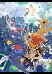 1boy :d artist_name benga_(pokemon) black_shorts cloud creatures_(company) day dragonite e_volution falling_leaves game_freak garchomp gen_1_pokemon gen_3_pokemon gen_4_pokemon gen_5_pokemon highres holding holding_poke_ball latias latios leaf legendary_pokemon male_focus nintendo open_mouth orange_hair outdoors poke_ball poke_ball_(basic) pokemon pokemon_(creature) pokemon_bw2 red_eyes sandals shirt short_hair shorts sky sleeveless sleeveless_shirt smile spiked_hair torn_clothes torn_shorts volcarona white_shirt