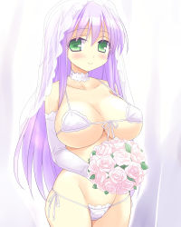 1girl bikini blush bouquet breasts bridal_veil bride choker eeeeee elbow_gloves female_focus flower front-tie_top gloves green_eyes large_breasts long_hair original purple_hair side-tie_bikini_bottom skindentation smile solo strap_gap swimsuit veil white_bikini