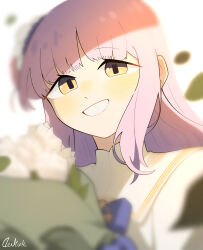 Rule 34 | 1girl, absurdres, artist name, blue archive, blurry, blurry foreground, bouquet, daku k, depth of field, flower, grin, hair bun, highres, long hair, looking at viewer, mika (blue archive), pink hair, portrait, shade, signature, single side bun, smile, solo, white background, white flower, yellow eyes