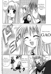 00s 1990s_(style) 1boy 1girl ^_^ air_(visual_novel) blush closed_eyes comic english_text gao greyscale hard-translated kamio_misuzu kunisaki_yukito long_hair monochrome punching retro_artstyle short_hair smile third-party_edit yuusha_ou_gaogaigar yuusha_series
