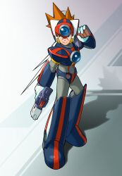 Rule 34 | 1boy, absurdres, android, armor, axl (mega man), black armor, black helmet, brown hair, chest jewel, cowboy shot, cross scar, dual wielding, finger on trigger, forehead jewel, full body, green eyes, gun, helmet, highres, holding, holding gun, holding weapon, light trail, looking to the side, male focus, mega man (series), mega man x (series), samatsida, scar, scar on face, simple background, smile, solo, spiked hair, standing, weapon