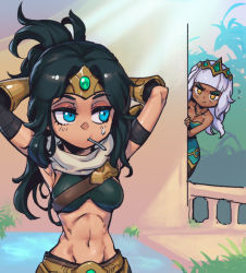 2girls arms_behind_head black_hair blunt_bangs blush breasts cleavage closed_mouth dark-skinned_female dark_skin grass green_eyes grey_hair hair_ornament jewelry large_breasts league_of_legends long_hair mouth_hold multiple_girls navel necklace outdoors parted_bangs phantom_ix_row pout qiyana_(league_of_legends) sideways_glance sivir stomach upper_body water