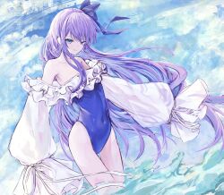 1girl absurdres bare_legs bare_shoulders blue_bow blue_eyes blue_one-piece_swimsuit blue_ribbon blue_sky bow breasts choker collarbone fate/grand_order fate_(series) hair_ribbon highleg highres licking_lips long_hair long_sleeves looking_at_viewer meltryllis meltryllis_(fate) meltryllis_(swimsuit_lancer)_(fate) meltryllis_(swimsuit_lancer)_(second_ascension)_(fate) ocean off-shoulder_one-piece_swimsuit off_shoulder one-piece_swimsuit outdoors prosthesis prosthetic_leg puffy_sleeves purple_hair ribbon sky sleeves_past_fingers sleeves_past_wrists small_breasts solo strapless strapless_one-piece_swimsuit swimsuit thighs tongue tongue_out very_long_hair wading water wet white_ribbon yagi_(yagi5art)