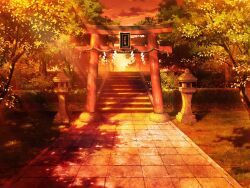 artist_request bush cloud game_cg grass magia_record:_mahou_shoujo_madoka_magica_gaiden mahou_shoujo_madoka_magica no_humans official_art orange_sky outdoors path road scenery shade sky stairs stone_lantern sun sunset torii