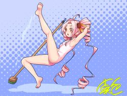 1girl barefoot breasts broom commission drill_hair full_body highres kashiki_main long_hair one-piece_swimsuit onikko_hunter_tsuina-chan open_mouth pink_hair skeb_commission slipping small_breasts solo surprised swimsuit tsuina-chan twin_drills very_long_hair voiceroid white_one-piece_swimsuit yellow_eyes