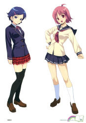 2girls absurdres ahoge black_thighhighs blue_eyes blue_hair hair_ornament hairclip highres koutaro legs multiple_girls original pink_hair red_eyes school_uniform short_hair thighhighs