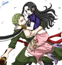 Rule 34 | 1boy, 1girl, black hair, blue jacket, commentary request, cropped jacket, crymax111, eyelashes, floating, green hair, green kimono, haramaki, high heels, holding, holding sword, holding weapon, hug, jacket, japanese clothes, kimono, long hair, nico robin, nico robin (return to sabaody), one piece, open mouth, pink sarong, purple shoes, red sash, roronoa zoro, sarong, sash, shoes, short-sleeved jacket, short hair, short sleeves, signature, simple background, stitched torso, stitches, sword, weapon, weapon in mouth, white background