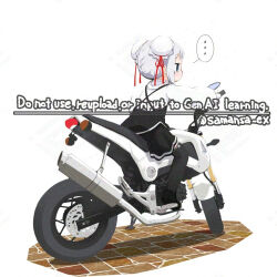 ... 1girl artist_name black_dress black_shoes black_thighhighs bun_cover commentary_request double_bun dress frilled_sleeves frills full_body hair_bun jitome long_sleeves motor_vehicle motorcycle on_motorcycle original pinafore_dress puffy_long_sleeves puffy_sleeves purple_eyes purple_hair ribbon-trimmed_thighhighs ribbon_trim shirt shoes short_hair sidelocks sleeveless sleeveless_dress solo speech_bubble spoken_ellipsis tabasa_(samansa_ex) tabayan_jigokuhen thighhighs watermark white_background white_shirt