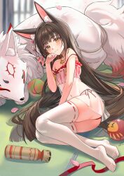 Rule 34 | 1girl, absurdres, animal ear fluff, animal ears, ariko (aaaaarik), azur lane, black hair, commentary, fox, fox ears, highres, legs, long hair, nagato (azur lane), nagato (great fox&#039;s respite) (azur lane), no shoes, official alternate costume, panties, red panties, side-tie panties, strap slip, thighhighs, toes, underwear, white thighhighs