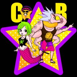 1boy 1girl black_tank_top camie_(one_piece) commentary_request extra_arms eyelashes forehead_tattoo green_hair hat hatchan jewelry mermaid monster_girl necklace octopus one_piece open_mouth oregano551 pappug purple_shorts sandals short_hair shorts smile star_(symbol) sunglasses tank_top white_hair