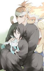 1boy 1girl abarai_renji animal black_eyes black_hair black_hakama black_kimono bleach blue_eyes closed_eyes collarbone crossover fiery_hair forehead_tattoo gen_4_pokemon glaceon hair_between_eyes hair_pulled_back hakama head_on_another&#039;s_shoulder headband high_ponytail highres holding holding_animal holding_pokemon infernape japanese_clothes kimono kuchiki_rukia losloslaus monkey nintendo open_mouth petting pokemon pokemon_(creature) ponytail purple_eyes red_hair shihakusho sideburns sitting sitting_on_lap sitting_on_person tail white_headband