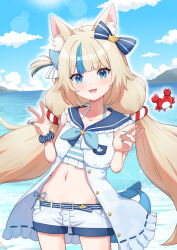 Rule 34 | 1girl, animal ear fluff, animal ears, belt, bikini, bikini under clothes, blonde hair, blue bow, blue eyes, blue hair, blue nails, blue sailor collar, blush, bow, cat ears, cloud, cowboy shot, crab, day, double v, dress, fang, fins, fish girl, fish tail, hair bow, highres, indie virtual youtuber, kaniki (sameko saba), lifebuoy hair ornament, long hair, looking at viewer, low twintails, midriff, multicolored hair, nail polish, namazu02 tky, navel, ocean, open clothes, open dress, open mouth, outdoors, sailor collar, sameko saba, scrunchie, shorts, sky, solo, standing, streaked hair, striped bikini, striped clothes, sun, swimsuit, tail, twintails, v, very long hair, virtual youtuber, white dress, white shorts, wrist scrunchie