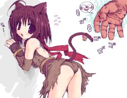 1boy 1girl 2000s_(style) ahoge animal_ears ass assassin_cross_(ragnarok_online) bad_id blush brown_gloves brown_leotard brown_panties cat_ears cat_girl cat_tail commentary_request cowboy_shot elbow_gloves fingerless_gloves flying_sweatdrops gloves leotard looking_at_viewer looking_back oekaki open_mouth panties purple_eyes ragnarok_online red_scarf scarf shigeryun short_hair simple_background solo_focus tail underwear white_background