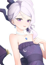 absurdres blue_archive blush demon_girl demon_horns demon_wings dress earrings flat_chest highres hina_(blue_archive) hina_(dress)_(blue_archive) horns jewelry long_hair looking_at_viewer necklace pendant purple_dress purple_eyes simple_background white_background white_hair wings