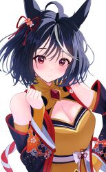 1girl absurdres ahoge animal_ears bare_shoulders black_hair blush breasts byakko_0410 chanchanko_(clothes) cleavage_cutout closed_mouth clothing_cutout commentary_request hair_ornament hair_ribbon hand_up highres horse_ears horse_girl kitasan_black_(umamusume) large_breasts looking_at_viewer multicolored_clothes multicolored_hair orange_skirt red_eyes red_ribbon red_shirt ribbon round_teeth shirt simple_background skirt smile solo streaked_hair teeth thighhighs two_side_up umamusume upper_body white_background white_hair
