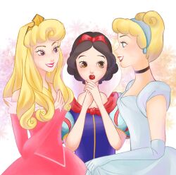 3girls aurora_(disney) black_hair blonde_hair blue_eyes choker cinderella_(disney_character) cinderella_(disney_movie) company_connection disney_princess dress earrings elbow_gloves gloves gown hair_bun hairband highres jewelry long_hair multiple_girls nene89985035 princess short_hair smile snow_white_(disney)