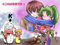 00s 1boy 5girls blonde_hair blue_eyes blue_hair blush brown_hair candy candy_cane colonel_sanders food furude_rika glasses green_eyes green_hair holding_hands heart higurashi_no_naku_koro_ni houjou_satoko kfc long_hair maebara_keiichi multiple_girls orange_hair ponytail ryuuguu_rena scarf short_hair smile sonozaki_mion strangling take_it_home winter