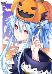 1girl absurdres bat_background blanc_(neptunia) blue_hair finger_gun from_side hair_between_eyes halloween halloween_costume hand_up highres lewdkuma long_sleeves looking_at_viewer looking_back looking_to_the_side mainichi_compile_heart neptune_(series) official_alternate_costume power_symbol power_symbol-shaped_pupils pumpkin_hat red_eyes short_hair_with_long_locks smile solo symbol-shaped_pupils upper_body white_heart_(neptunia) wide_sleeves