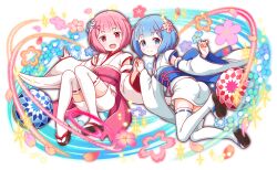 2girls alternate_costume alternate_hair_ornament alternate_hairstyle anime_coloring aqua_eyes aqua_flower aqua_hair artist_request black_footwear blue_flower blue_sash blunt_bangs blush bob_cut closed_mouth crash_fever detached_sleeves dot_nose flower flower_symbol flower_knot full_body furisode_sleeves game_cg hair_flower hair_ornament hexagon honeycomb_(pattern) honeycomb_background japanese_clothes kimono kimono_skirt knees_together_feet_apart long_sleeves looking_at_viewer miniskirt multiple_girls obi obijime official_alternate_costume official_alternate_hair_ornament official_alternate_hairstyle official_art official_style open_mouth orb outline parted_lips pink_eyes pink_flower pink_hair pink_sash ram_(re:zero) re:zero_kara_hajimeru_isekai_seikatsu red_outline rem_(re:zero) ribbon-trimmed_thighhighs ribbon_trim sandals sash siblings sisters skirt smile sparkle tabi tachi-e thighhighs third-party_source transparent_background twins white_kimono white_skirt white_sleeves white_thighhighs wide_sleeves x_hair_ornament zouri
