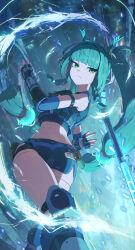 Rule 34 | 1girl, absurdres, android, armband, battery, beads, black armband, black gloves, black shorts, blue vest, blunt bangs, braid, braided sidelock, closed mouth, electricity, feet out of frame, fingerless gloves, gloves, green eyes, green hair, green ribbon, hair beads, hair ornament, hair ribbon, highres, knee pads, long hair, looking at viewer, navel, odd (hin yari), police, police uniform, policewoman, qingyi (zenless zone zero), ribbon, short shorts, shorts, side braids, solo, sphere hair ornament, tank top, three section staff, twintails, vest, zenless zone zero