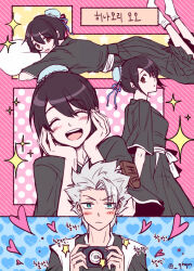 black_kimono bleach blue_ribbon brown_eyes brown_hair bun_cover camera closed_eyes green_eyes hair_bun highres hinamori_momo hitsugaya_toushirou holding holding_camera japanese_clothes kimono lying multiple_views on_side pillow qhqm ribbon short_hair sidelocks white_hair