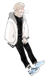 1boy black_pants breath cellphone highres holding holding_phone hood hoodie inumaki_toge jujutsu_kaisen looking_afar looking_to_the_side male_focus pants phone shoes short_hair silver_hair smartphone solo solo_focus