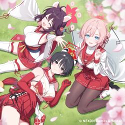 3girls ahoge animal_ears black_hair black_pantyhose blue_archive blue_eyes breasts cherry_blossoms closed_eyes closed_mouth detached_sleeves elbow_gloves falling_petals gloves hair_between_eyes hair_bun hair_ornament halo highres japanese_clothes kaede_(blue_archive) large_breasts long_hair looking_at_viewer mimori_(blue_archive) multiple_girls official_art open_mouth outdoors pantyhose petals pink_hair red_gloves sandals short_hair sideboob single_side_bun sitting skirt sleeping smile socks socks_over_pantyhose thighhighs tokki tsubaki_(blue_archive) white_socks white_thighhighs yellow_eyes