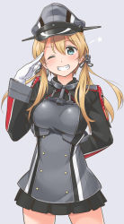 10s 1girl anchor_hair_ornament arm_behind_back blonde_hair blue_eyes blush cowboy_shot female_focus gloves grey_background grin hair_ornament hat kantai_collection long_hair long_sleeves looking_at_viewer low_twintails one_eye_closed peaked_cap pleated_skirt prinz_eugen_(kancolle) salute simple_background skirt smile solo star_(symbol) twintails uniform white_gloves youkan