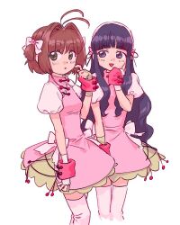 2girls akabino antenna_hair blush brown_hair cardcaptor_sakura commentary_request cowboy_shot daidouji_tomoyo dress fingerless_gloves gloves green_eyes hand_on_own_cheek hand_on_own_face kinomoto_sakura long_hair looking_at_another looking_at_viewer multiple_girls pink_dress puffy_short_sleeves puffy_sleeves purple_eyes purple_hair short_hair short_sleeves sidelocks simple_background thighhighs white_background white_thighhighs