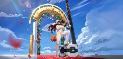 1girl anti-materiel_rifle arch areola_slip asymmetrical_bodysuit asymmetrical_clothes bare_shoulders bell bird black_choker black_gloves blurry bodysuit bouquet breasts bridal_lingerie bridal_veil bride brown_eyes choker clothing_cutout cloud cloudy_sky collarbone covered_erect_nipples crate depth_of_field detached_sleeves falling_petals floral_arch floral_print flower full_body game_cg gloves gold_trim gun hair_between_eyes heart heart_choker high_heels highleg highres hip_vent holding holding_bouquet holding_gun holding_weapon huge_breasts huge_weapon impossible_bodysuit impossible_clothes lace-trimmed_sleeves lace-trimmed_veil lace_collar lace_trim last_origin leg_up lens_flare lingerie lips long_hair mr.yun navel official_alternate_costume official_art open_mouth orange_flower orange_rose outdoors petals pink_flower pink_rose purple_flower purple_rose red_carpet red_flower red_rose rifle rose rose_print royal_arsenal see-through_clothes see-through_bodysuit see-through_veil single_bare_leg single_pantsleg sky smile sniper_rifle solo strappy_heels thick_thighs thigh_strap thighs third-party_source thorn_print tiara transparent_background underboob underwear veil weapon wedding white_bodysuit white_footwear white_sleeves