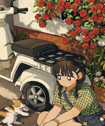 1girl bag black_eyes blue_shorts bracelet braid bright_pupils brown_hair closed_mouth flower green_shirt jewelry moped motor_vehicle original outdoors plaid_clothes plaid_shirt red_flower red_rose rose shirt short_hair short_sleeves shorts shoulder_bag sihyun25 solo twin_braids white_pupils