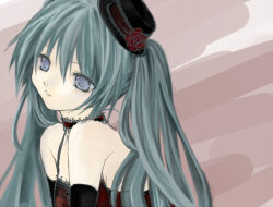 1girl 2000s_(style) aqua_hair black_gloves black_hat blue_eyes blue_hair commentary_request dress elbow_gloves expressionless gloves hat hatsune_miku koruneiyu long_hair looking_at_viewer mini_hat mini_top_hat parted_lips red_dress solo top_hat upper_body vocaloid