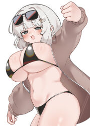 Rule 34 | 1girl, @ @, absurdres, arm up, bikini, black bikini, blunt bangs, blush, breasts, brown jacket, clenched hand, cowboy shot, eyewear on head, grey eyes, grey hair, hair ornament, heart, highres, huge breasts, jacket, large breasts, long sleeves, looking at viewer, navel, open clothes, open jacket, open mouth, original, outstretched arm, sazai z, short eyebrows, simple background, solo, sunglasses, swimsuit, thick eyebrows, white background, white hair