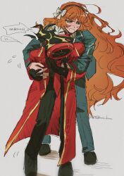 Rule 34 | 1girl, 1other, black gloves, black shirt, bow, brown hairband, coat, collared shirt, dante (limbus company), full body, gloves, hair bow, hairband, highres, ishmael (project moon), komin kuma, lapels, limbus company, long hair, long sleeves, necktie, notched lapels, orange hair, pants, project moon, red coat, red necktie, red pants, rope, shielding, shirt, sidelocks, simple background, very long hair, white background, white bow, white shirt
