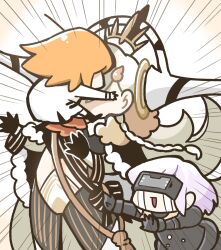 3girls :d armor black_armor black_bodysuit black_boots black_bow black_cape black_gloves bodysuit boots bow braid cape chibi coat commentary_request crying emphasis_lines face_hug fate/grand_order fate_(series) fujimaru_ritsuka_(female) fujimaru_ritsuka_(female)_(decisive_battle_chaldea_uniform) fur-trimmed_cape fur_trim gloves head-mounted_display highres horns long_hair mash_kyrielight mash_kyrielight_(ortenaus) medium_hair multiple_girls olga_marie_animusphere one_eye_closed ono-yuzi open_mouth orange_hair purple_hair side_braid sidelocks simple_background smile streaming_tears tears u-olga_marie very_long_hair white_background white_coat white_hair