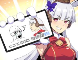 1girl animal_ears armpits arrow_(symbol) bow bowtie breasts brown_hat cellphone commentary english_commentary english_text gameplay_mechanics gold_ship_(umamusume) grin hat highres hinghoi holding holding_phone horse_ears horse_girl large_breasts long_hair looking_at_viewer meme phone pillbox_hat purple_eyes red_bow red_bowtie red_eyes sleeveless smartphone smile solo soyjak teeth umamusume white_hair wojak yes_chad_(meme)