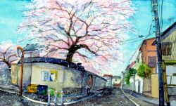 1girl bird blue_sky building cherry_blossoms day house jacket minahamu original outdoors painting_(medium) poster_(object) road scenery short_hair skirt sky solo spring_(season) standing town traditional_media trash_can tree utility_pole watercolor_(medium) white_skirt
