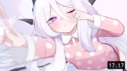 1girl absurdres blue_archive blush demon_girl demon_horns demon_wings hahanaruhaiji highres hina_(blue_archive) hina_(pajamas)_(blue_archive) horns indoors long_hair looking_at_viewer lying on_bed one_eye_closed pajamas pink_pajamas polka_dot polka_dot_pajamas purple_eyes solo white_hair wings