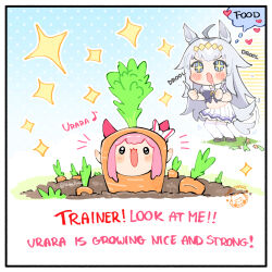 2girls :3 afterimage ahoge animal_ears arms_up artist_name big_belly black_border blue_background blue_bow blue_eyes blush_stickers border bow brown_shoes carrot carrot_costume chibi chibi_only commentary diamond_hairband dirt ear_bow english_commentary english_text foodification fork furrowed_brow grass grey_hair hair_flaps haru_urara_(umamusume) heart highres holding holding_fork holding_knife horse_ears horse_girl horse_tail horseshoe_ornament knife loafers long_hair long_sidelocks looking_at_another looking_at_viewer midriff motion_lines multicolored_hair multiple_girls musical_note navel no_nose notice_lines oguri_cap_(umamusume) open_mouth pink_hair pleated_skirt polka_dot polka_dot_background sailor_collar saliva school_uniform shibedraws shoes sidelocks skirt sparkle sparkling_eyes speech_bubble striped_background tail tail_wagging thighhighs thought_bubble tracen_school_uniform twitter_username two-tone_hair umamusume very_long_hair watermark white_border white_bow white_hair white_sailor_collar white_skirt white_thighhighs zettai_ryouiki