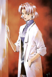 Rule 34 | 1girl, absurdres, akagi ritsuko, brown eyes, cowboy shot, earrings, highres, jewelry, lab coat, looking at viewer, mature female, mole, mole under eye, neon genesis evangelion, official art, pantyhose, red lips, sadamoto yoshiyuki, scan, serious, short hair, signature, solo, traditional media