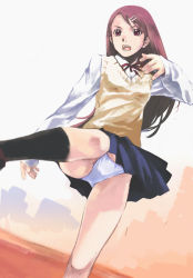 brown_hair hair_ornament hairclip kicking long_hair nyaou panties pantyshot red_eyes school_uniform skirt socks solo sweater underwear white_panties