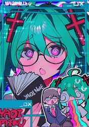 Rule 34 | 1boy, 1girl, :o, @ @, aqua hair, blush, coke-bottle glasses, commentary, confessions of a rotten girl (vocaloid), corrupted twitter file, cross hair ornament, death note (object), fang, glasses, hair ornament, hatsune miku, highres, holding, holding notebook, long hair, momae mac, notebook, open mouth, purple eyes, rectangular eyewear, round eyewear, skin fang, sweat, twintails, vocaloid, vomiting rainbows, window (computing)