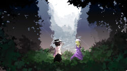 2girls black_hat blonde_hair dress fedora from_behind hat highres landscape maribel_hearn mob_cap multiple_girls neo-traditionalism_of_japan plant purple_dress shirt short_hair tobenai_todo touhou usami_renko white_shirt